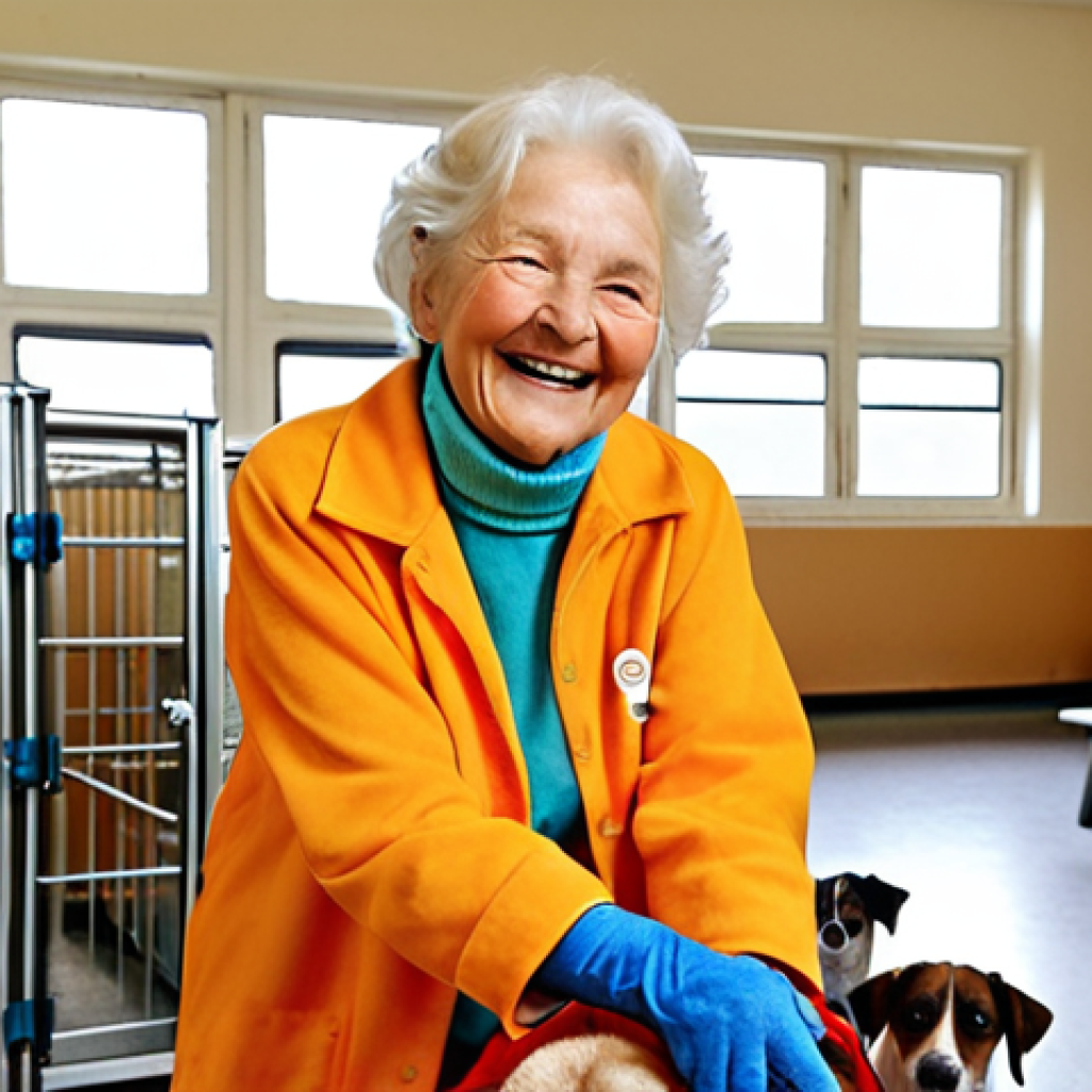 **

Prompt: Elderly woman happily volunteering at an animal shelter, surrounded by dogs and cats, wearing a bright smile and comfortable clothing, warm and inviting atmosphere, natural light.

**