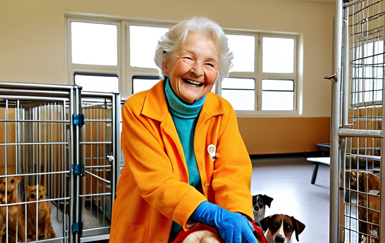 **

Prompt: Elderly woman happily volunteering at an animal shelter, surrounded by dogs and cats, wearing a bright smile and comfortable clothing, warm and inviting atmosphere, natural light.

**