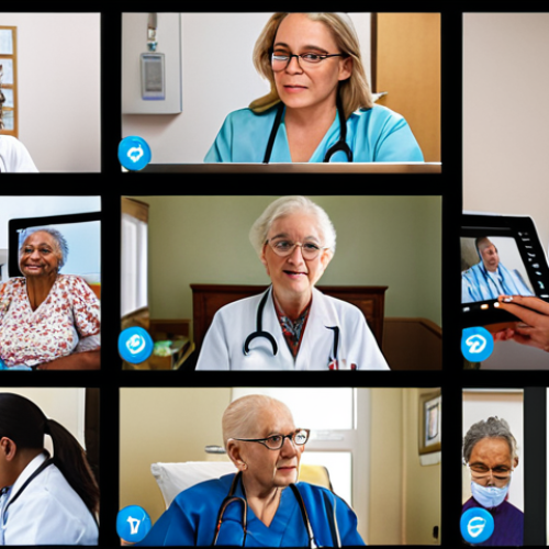 Home 14 ** A diverse group of healthcare professionals (nurses, caregivers, therapists) participating in a hands-on training session on using telehealth devices to monitor elderly patients' vital signs remotely. Focus on the collaborative and technology-driven aspect of modern geriatric care, with a warm and supportive atmosphere.
**