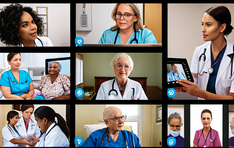 ** A diverse group of healthcare professionals (nurses, caregivers, therapists) participating in a hands-on training session on using telehealth devices to monitor elderly patients' vital signs remotely. Focus on the collaborative and technology-driven aspect of modern geriatric care, with a warm and supportive atmosphere.
**