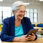 A vibrant senior woman in modest casual attire, seated at a table in a bright modern community center. She is happily interacting with a tablet, smiling gently as she learns new digital skills. Other seniors are subtly visible in the soft-focus background, also engaged in learning activities. The setting is clean and well-lit. fully clothed, appropriate attire, safe for work, appropriate content, professional, perfect anatomy, correct proportions, natural pose, well-formed hands, proper finger count, natural body proportions, high-quality, realistic.