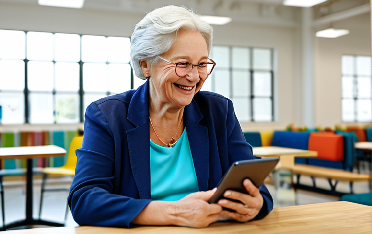 A vibrant senior woman in modest casual attire, seated at a table in a bright modern community center. She is happily interacting with a tablet, smiling gently as she learns new digital skills. Other seniors are subtly visible in the soft-focus background, also engaged in learning activities. The setting is clean and well-lit. fully clothed, appropriate attire, safe for work, appropriate content, professional, perfect anatomy, correct proportions, natural pose, well-formed hands, proper finger count, natural body proportions, high-quality, realistic.