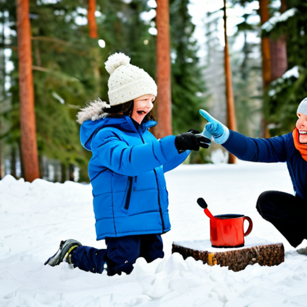 A group of happy, diverse children, aged 8-12, fully clothed in warm, modest winter gear including waterproof jackets, snow pants, hats, gloves, and scarves. They are playing outdoors in a pristine, snowy forest landscape, surrounded by tall pine trees covered in fresh snow. One child is pointing at animal tracks in the snow, another is laughing while building a small snow fort, and two others are warming their hands around steaming mugs of hot chocolate. The atmosphere is joyful and adventurous, capturing the magic of spontaneous play and connection with nature. The scene is captured with professional photography, natural lighting, and a soft bokeh background, emphasizing the authentic outdoor experience. safe for work, appropriate content, fully clothed, professional, perfect anatomy, correct proportions, natural pose, well-formed hands, proper finger count, natural body proportions, family-friendly.