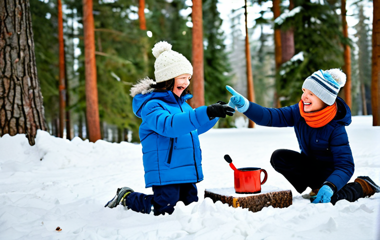 A group of happy, diverse children, aged 8-12, fully clothed in warm, modest winter gear including waterproof jackets, snow pants, hats, gloves, and scarves. They are playing outdoors in a pristine, snowy forest landscape, surrounded by tall pine trees covered in fresh snow. One child is pointing at animal tracks in the snow, another is laughing while building a small snow fort, and two others are warming their hands around steaming mugs of hot chocolate. The atmosphere is joyful and adventurous, capturing the magic of spontaneous play and connection with nature. The scene is captured with professional photography, natural lighting, and a soft bokeh background, emphasizing the authentic outdoor experience. safe for work, appropriate content, fully clothed, professional, perfect anatomy, correct proportions, natural pose, well-formed hands, proper finger count, natural body proportions, family-friendly.