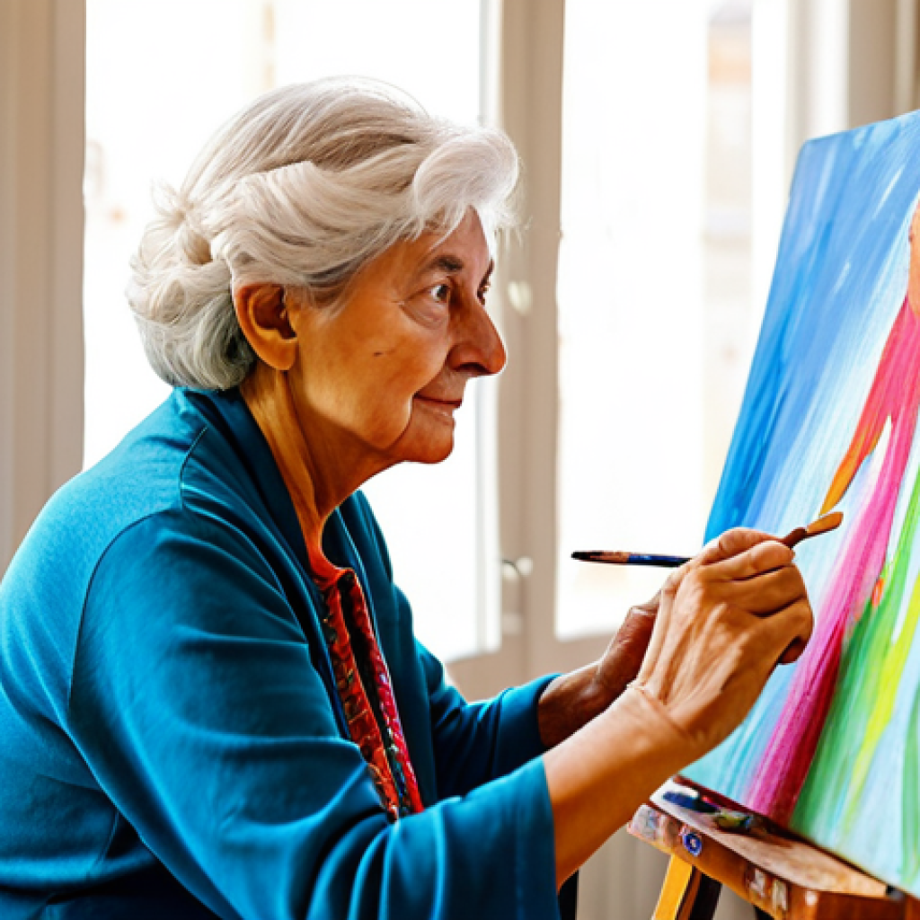A vibrant Italian senior woman, approximately 75 years old, fully clothed in a modest, comfortable tunic and trousers, actively engaged in a painting class. She sits at an easel in a bright, sunlit community art studio, brush in hand, focused on her canvas. Soft natural light illuminates the scene, highlighting her concentrated expression and the colorful paints. The background shows other diverse seniors also pursuing artistic endeavors, all fully clothed in appropriate attire. Professional photography, high detail, natural pose, perfect anatomy, correct proportions, well-formed hands, proper finger count, natural body proportions. Safe for work, appropriate content, family-friendly.