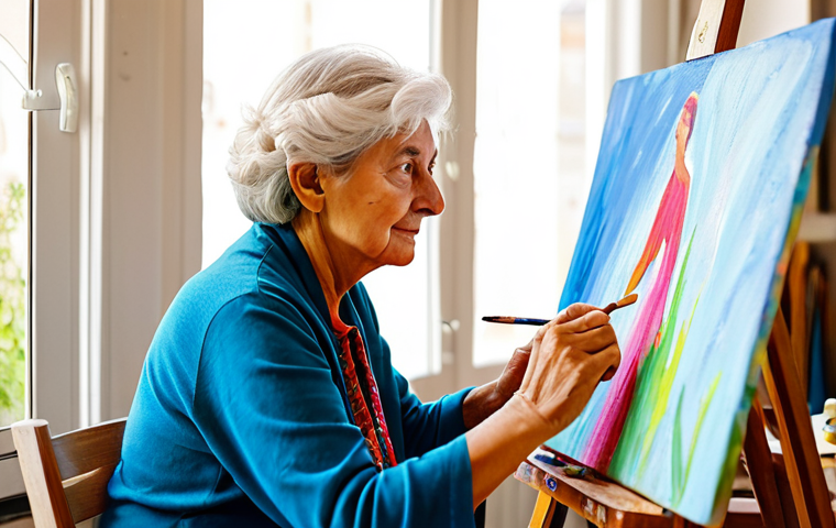 A vibrant Italian senior woman, approximately 75 years old, fully clothed in a modest, comfortable tunic and trousers, actively engaged in a painting class. She sits at an easel in a bright, sunlit community art studio, brush in hand, focused on her canvas. Soft natural light illuminates the scene, highlighting her concentrated expression and the colorful paints. The background shows other diverse seniors also pursuing artistic endeavors, all fully clothed in appropriate attire. Professional photography, high detail, natural pose, perfect anatomy, correct proportions, well-formed hands, proper finger count, natural body proportions. Safe for work, appropriate content, family-friendly.