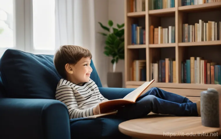 어린이 발표 훈련 - **Prompt:** A cozy and well-lit living room, featuring a plush armchair and a soft rug. A child, app...