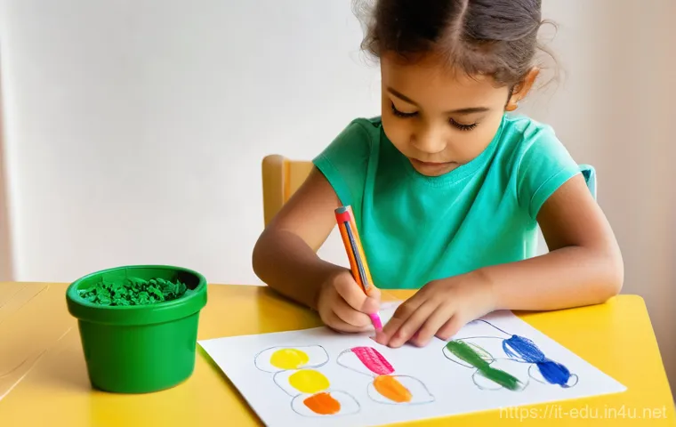 아동 창작 미술 - **Prompt 1: A Magical Home Art Corner**
    A cheerful, diverse child, approximately 6 years old, wi...
