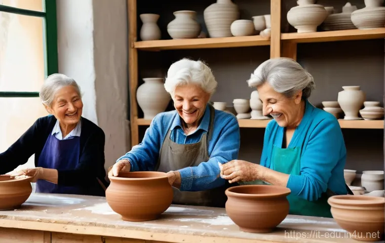 시니어 취미 수업 - **Prompt:** "A cheerful group of senior Italian women and men, all dressed in modest, comfortable cl...