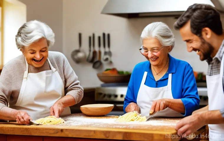 시니어 취미 수업 - **Prompt:** "A cheerful group of senior Italian women and men, all dressed in modest, comfortable cl...