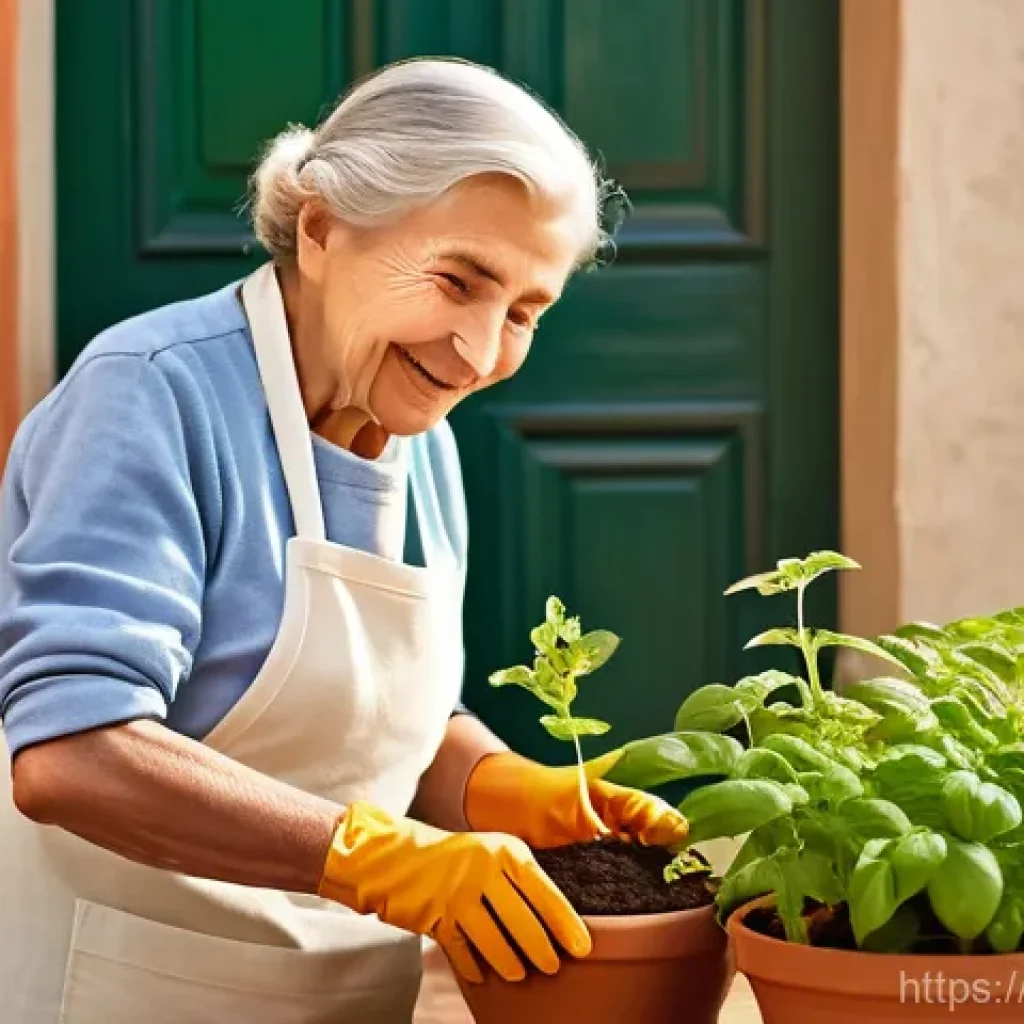 시니어 텃밭 가꾸기 - **Prompt:** A serene, sun-drenched Italian nonna (grandmother), with kind eyes and a gentle smile, w...