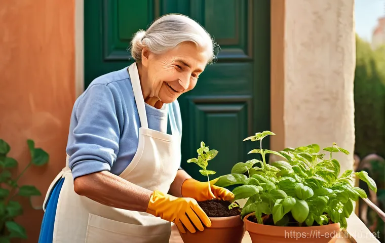 시니어 텃밭 가꾸기 - **Prompt:** A serene, sun-drenched Italian nonna (grandmother), with kind eyes and a gentle smile, w...