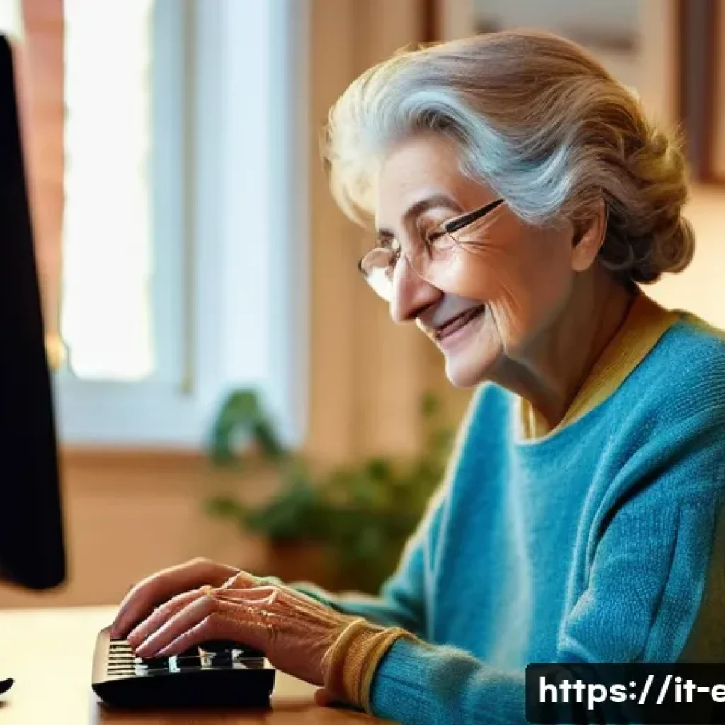시니어 컴퓨터 실습 - **Prompt:** A cozy scene of an elderly Italian woman, with soft, kind features, seated at a polished...