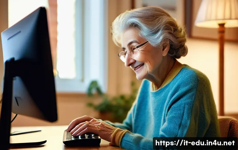 시니어 컴퓨터 실습 - **Prompt:** A cozy scene of an elderly Italian woman, with soft, kind features, seated at a polished...