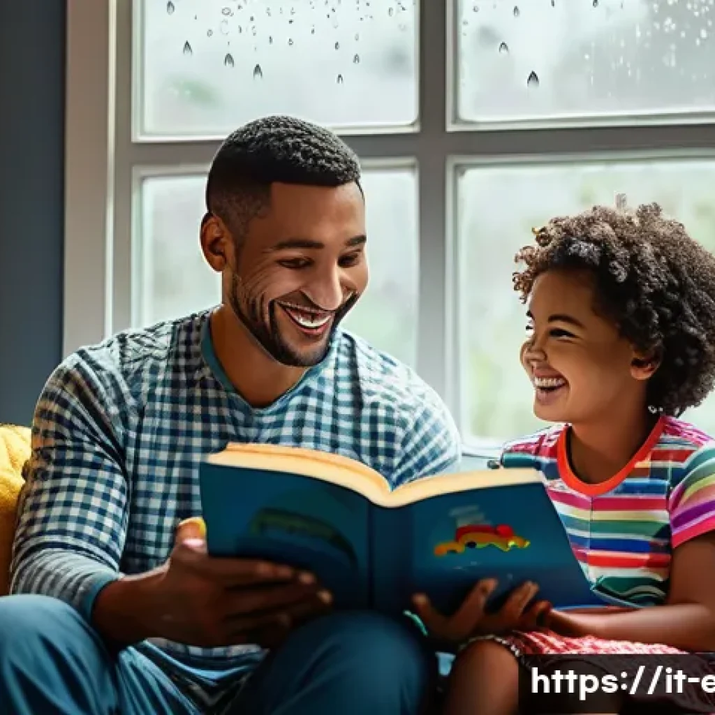 아동 독서 프로그램 - A warm and cozy indoor scene of a family reading together in a softly lit living room during a rainy...