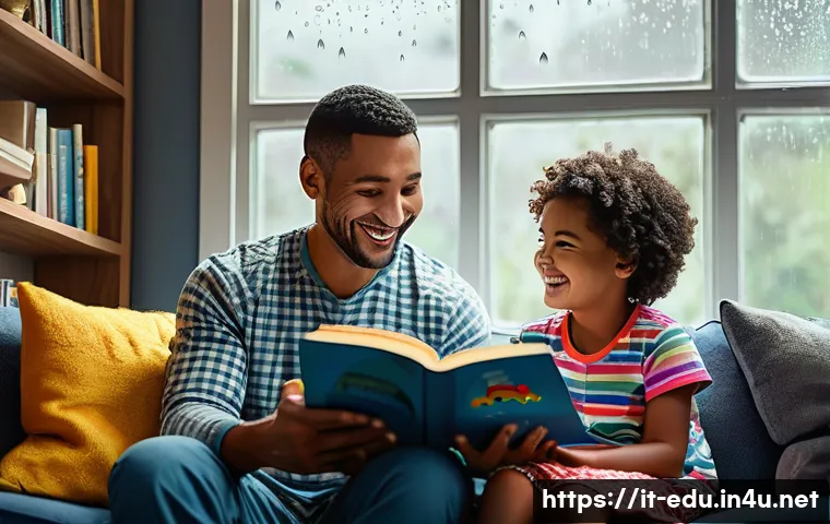 아동 독서 프로그램 - A warm and cozy indoor scene of a family reading together in a softly lit living room during a rainy...
