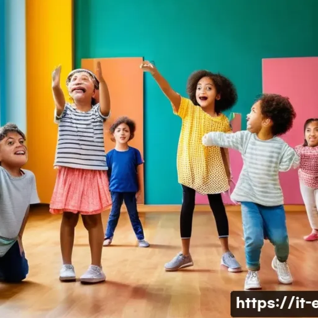 아동 드라마 수업 - A diverse group of children aged 7-10 participating in a lively theatre class in a bright, colorful ...