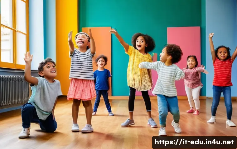 아동 드라마 수업 - A diverse group of children aged 7-10 participating in a lively theatre class in a bright, colorful ...