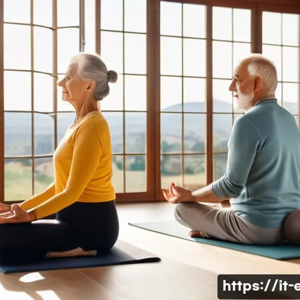 시니어 뇌 건강 프로그램 - A serene elderly Italian man and woman practicing gentle yoga together in a bright, sunlit room with...