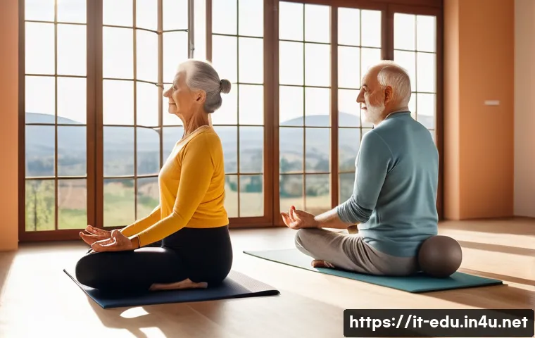 시니어 뇌 건강 프로그램 - A serene elderly Italian man and woman practicing gentle yoga together in a bright, sunlit room with...