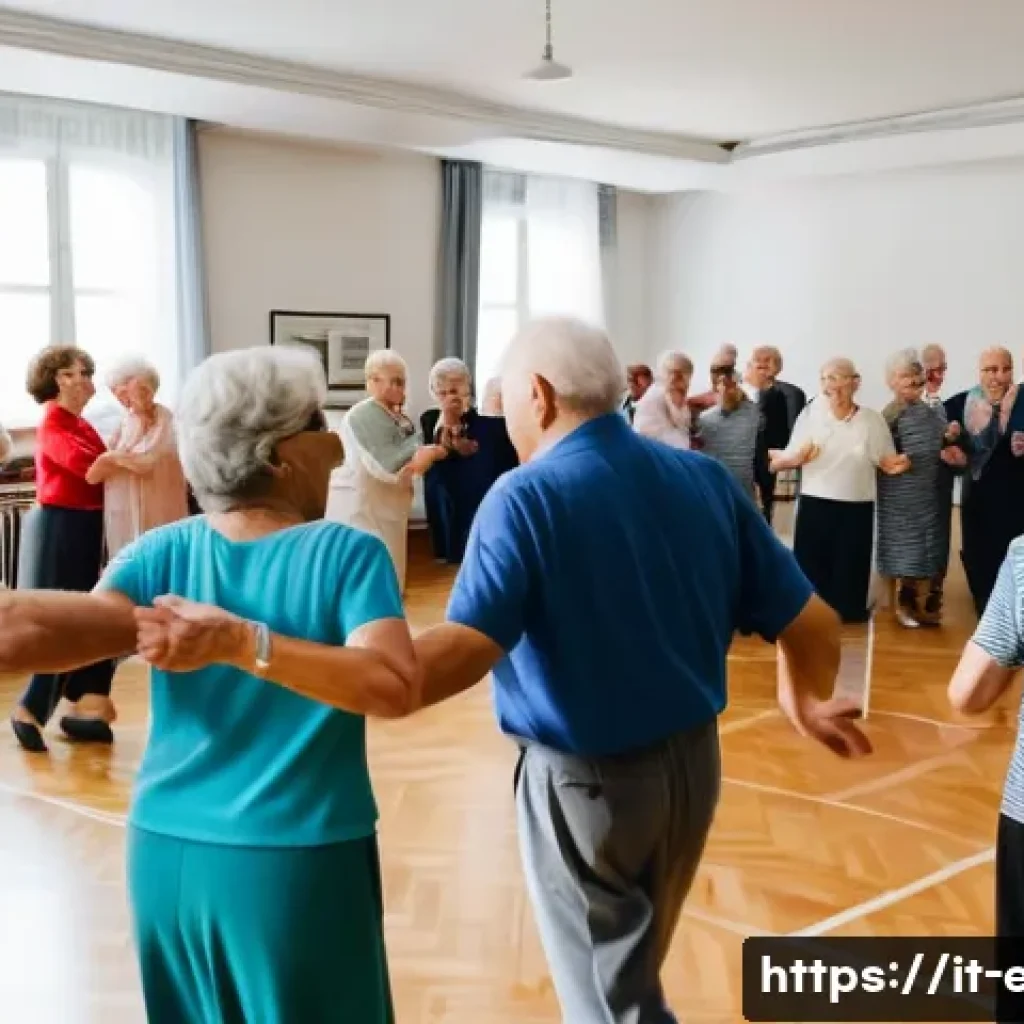 시니어 댄스 파티 - A lively dance party scene featuring a diverse group of senior citizens, aged 60 and above, dancing ...
