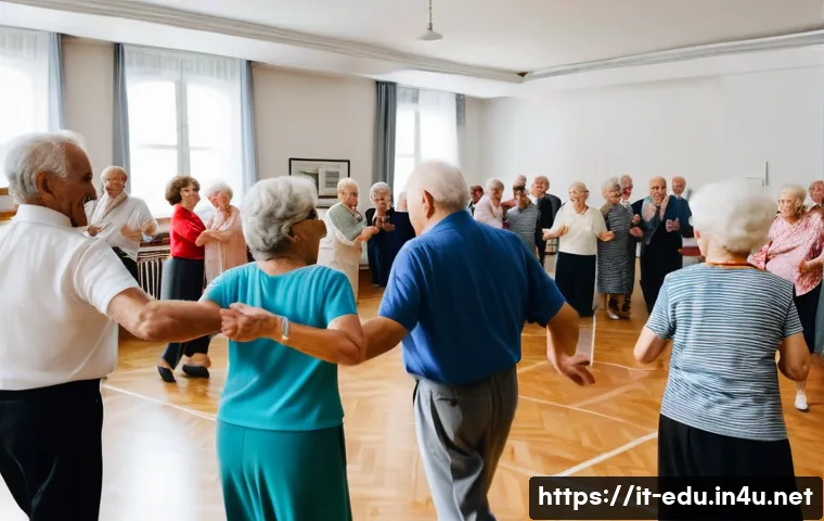 시니어 댄스 파티 - A lively dance party scene featuring a diverse group of senior citizens, aged 60 and above, dancing ...