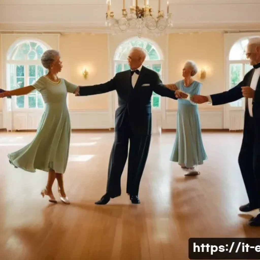 시니어 무용 교육 - An elegant ballroom scene featuring a diverse group of active seniors aged over 60 gracefully dancin...
