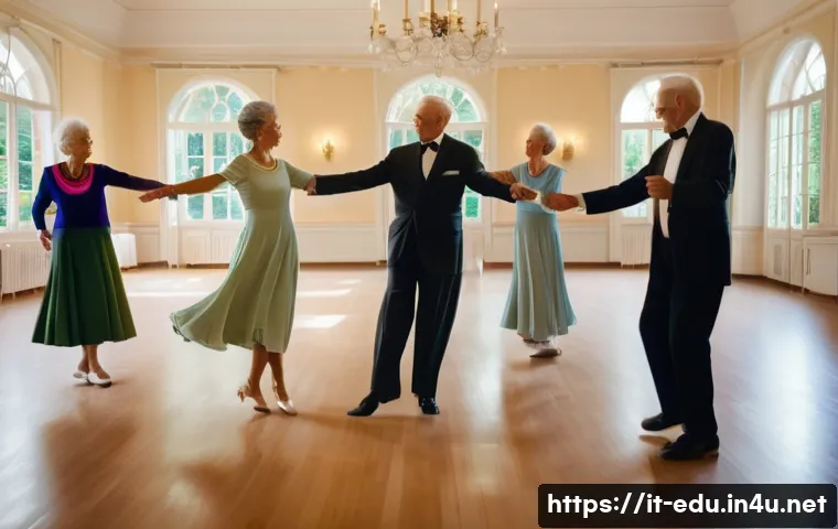 시니어 무용 교육 - An elegant ballroom scene featuring a diverse group of active seniors aged over 60 gracefully dancin...
