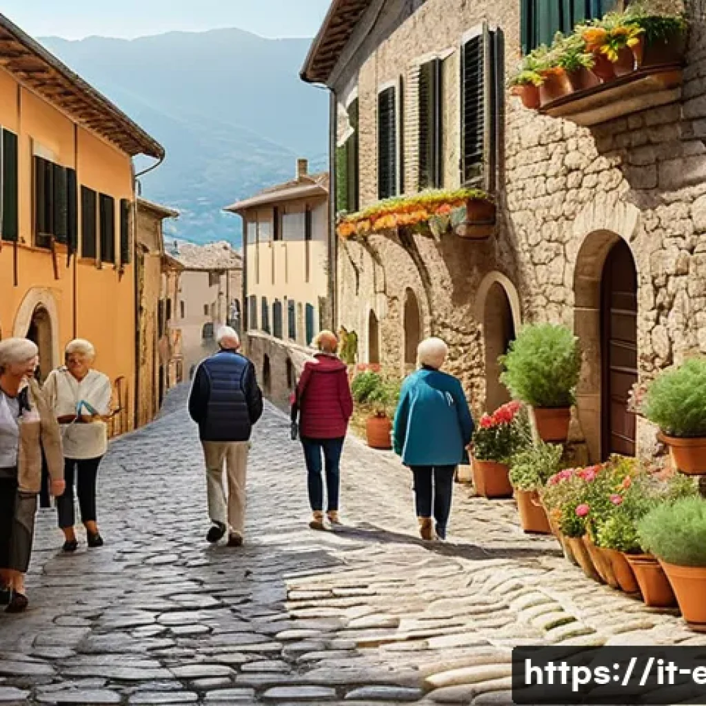 시니어 여행 프로그램 - A group of senior travelers enjoying a guided cultural tour in a picturesque Italian village, featur...