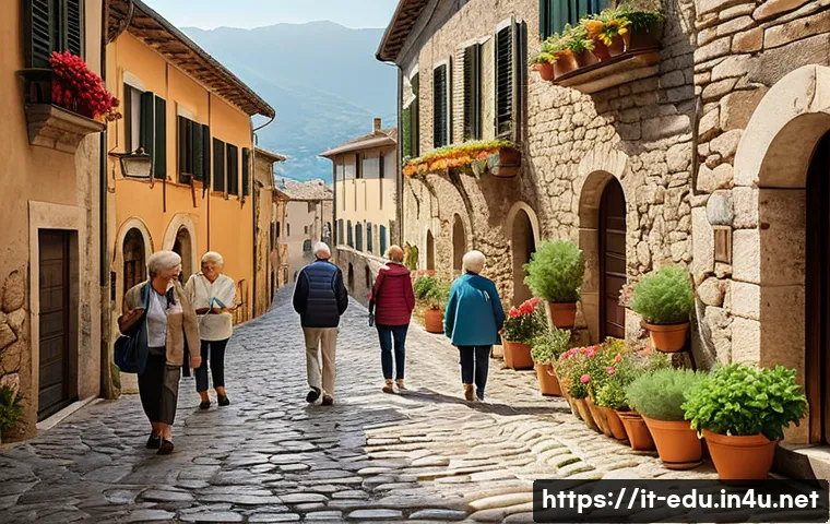 시니어 여행 프로그램 - A group of senior travelers enjoying a guided cultural tour in a picturesque Italian village, featur...