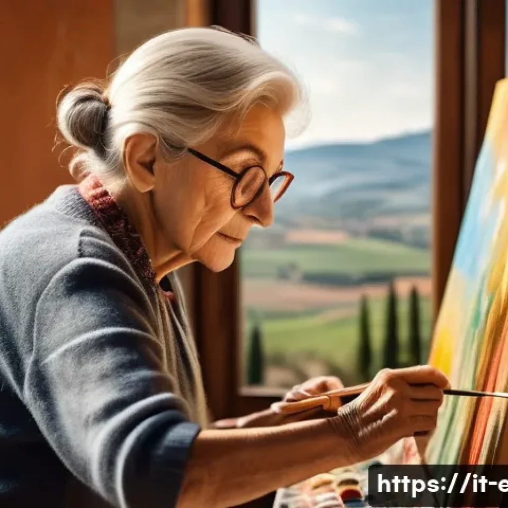 시니어 자기 개발 - An elegant elderly Italian woman painting a vibrant landscape in a sunlit art studio, surrounded by ...