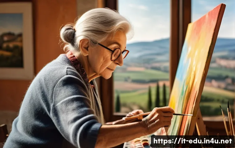 시니어 자기 개발 - An elegant elderly Italian woman painting a vibrant landscape in a sunlit art studio, surrounded by ...