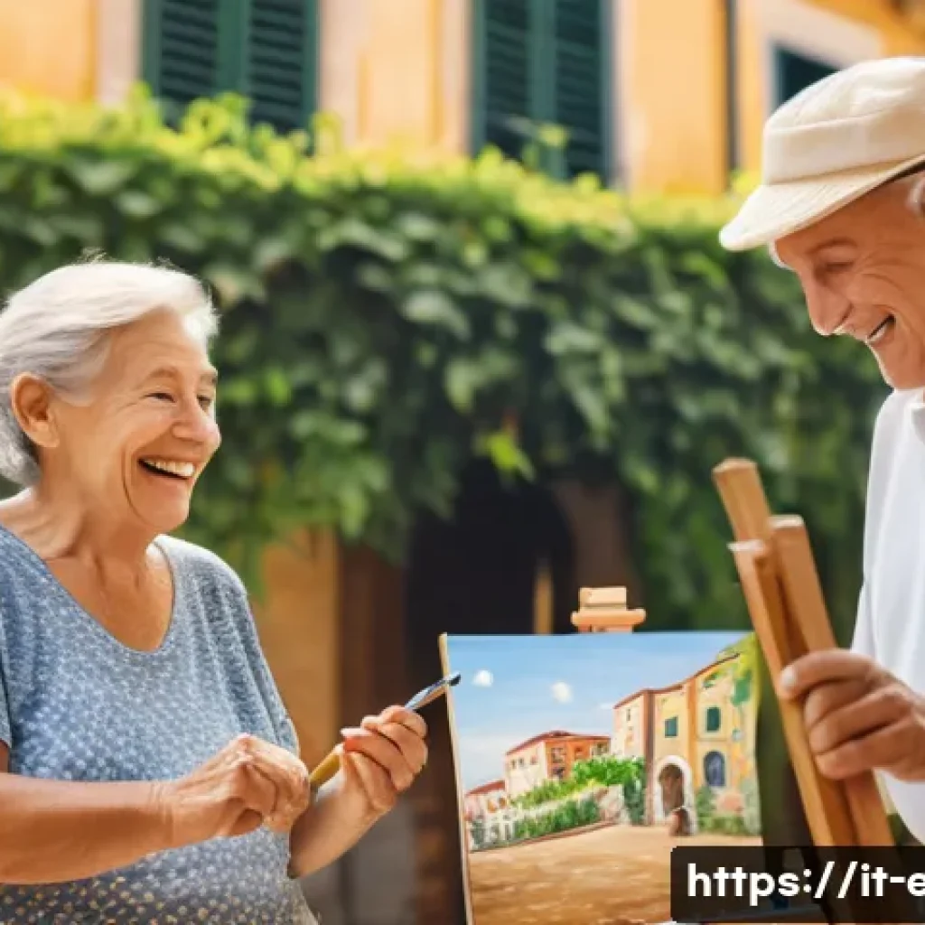 노인 라이프 코칭 - A vibrant scene of a joyful elderly Italian couple engaging in a lively outdoor art class in a sunny...