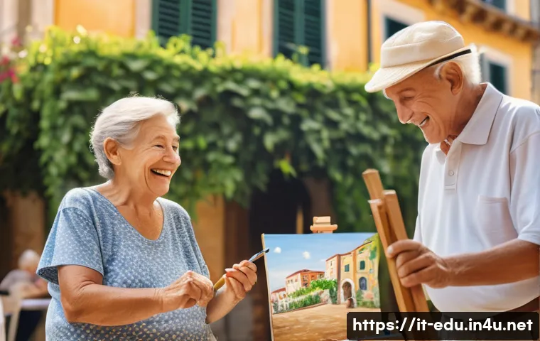 노인 라이프 코칭 - A vibrant scene of a joyful elderly Italian couple engaging in a lively outdoor art class in a sunny...