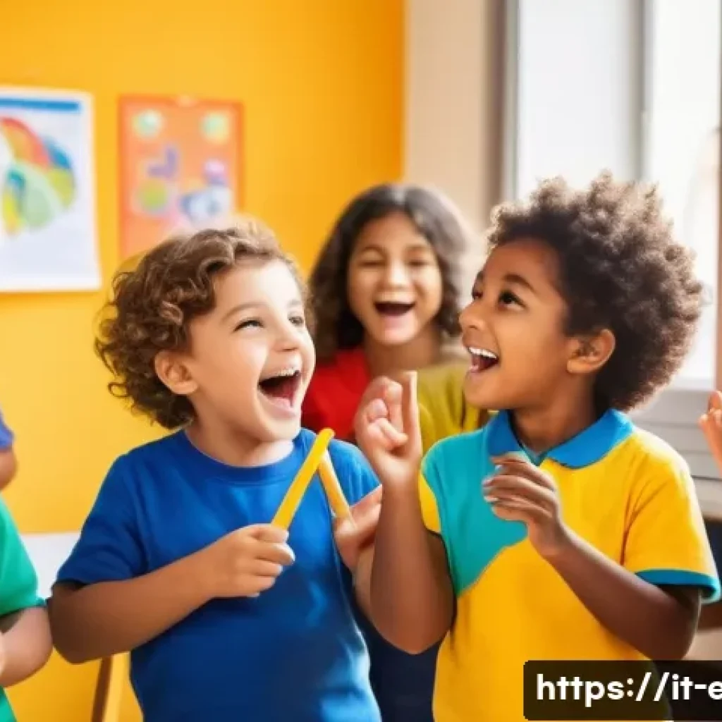 어린이 동요 수업 - A bright, cheerful classroom scene in Italy with a diverse group of young children aged around 4-6 y...