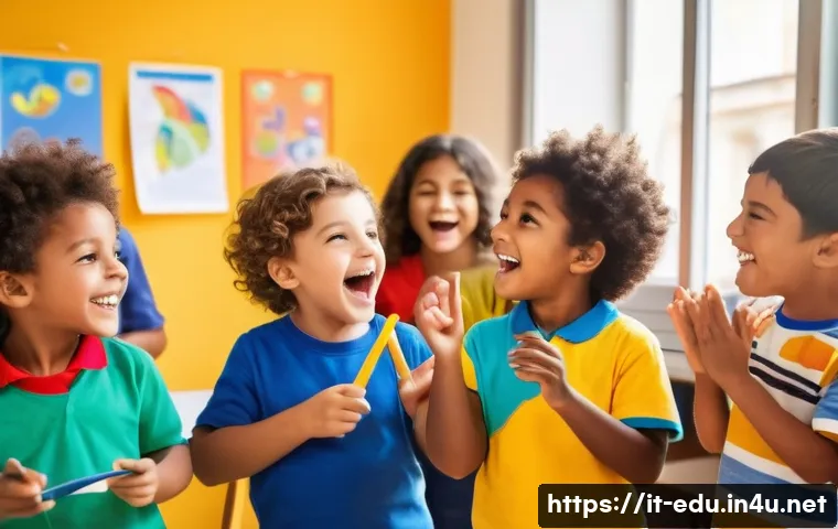 어린이 동요 수업 - A bright, cheerful classroom scene in Italy with a diverse group of young children aged around 4-6 y...