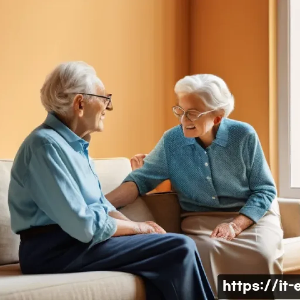 노인 자녀 돌보기 - A warm, cozy Italian home interior featuring an elderly couple sitting comfortably in a bright livin...