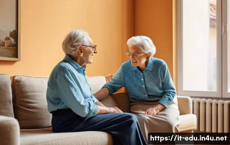노인 자녀 돌보기 - A warm, cozy Italian home interior featuring an elderly couple sitting comfortably in a bright livin...