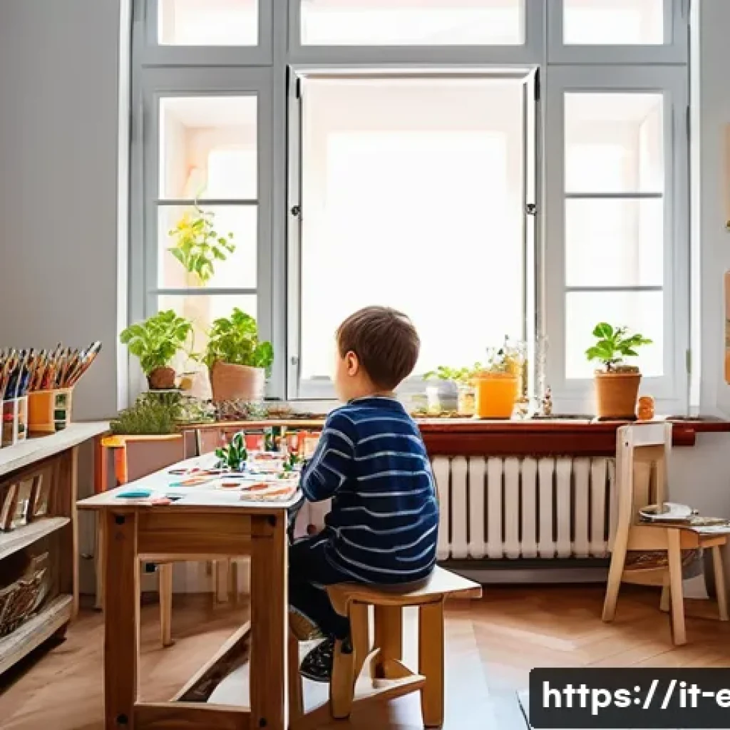 아이와 함께하는 공예 - A cozy indoor creative corner for children in an Italian home, featuring a small wooden desk with ar...