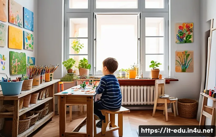 아이와 함께하는 공예 - A cozy indoor creative corner for children in an Italian home, featuring a small wooden desk with ar...
