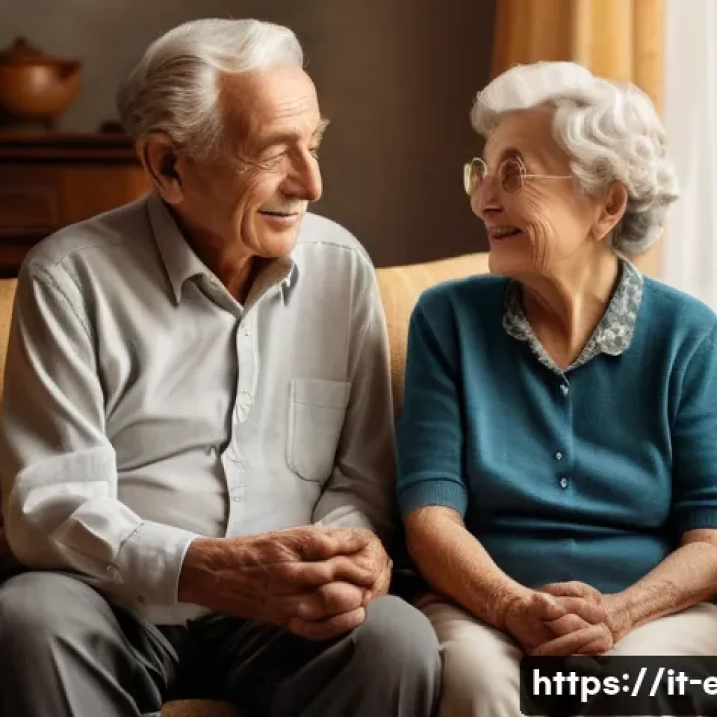 시니어 영상 촬영 - A warm, intimate scene inside a cozy Italian home featuring a senior couple sitting comfortably in a...