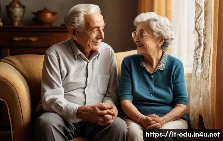 시니어 영상 촬영 - A warm, intimate scene inside a cozy Italian home featuring a senior couple sitting comfortably in a...