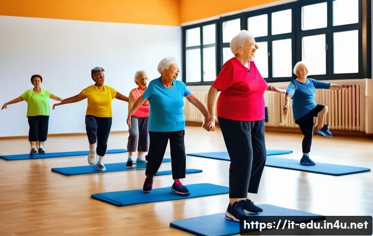 노인 생활 체육 - A vibrant scene at a community sports center in Italy, showing a diverse group of elderly people eng...