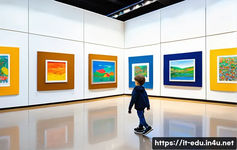 아이들의 예술 작품 전시 - A bright, spacious multipurpose school exhibition hall with large windows letting in natural light, ...