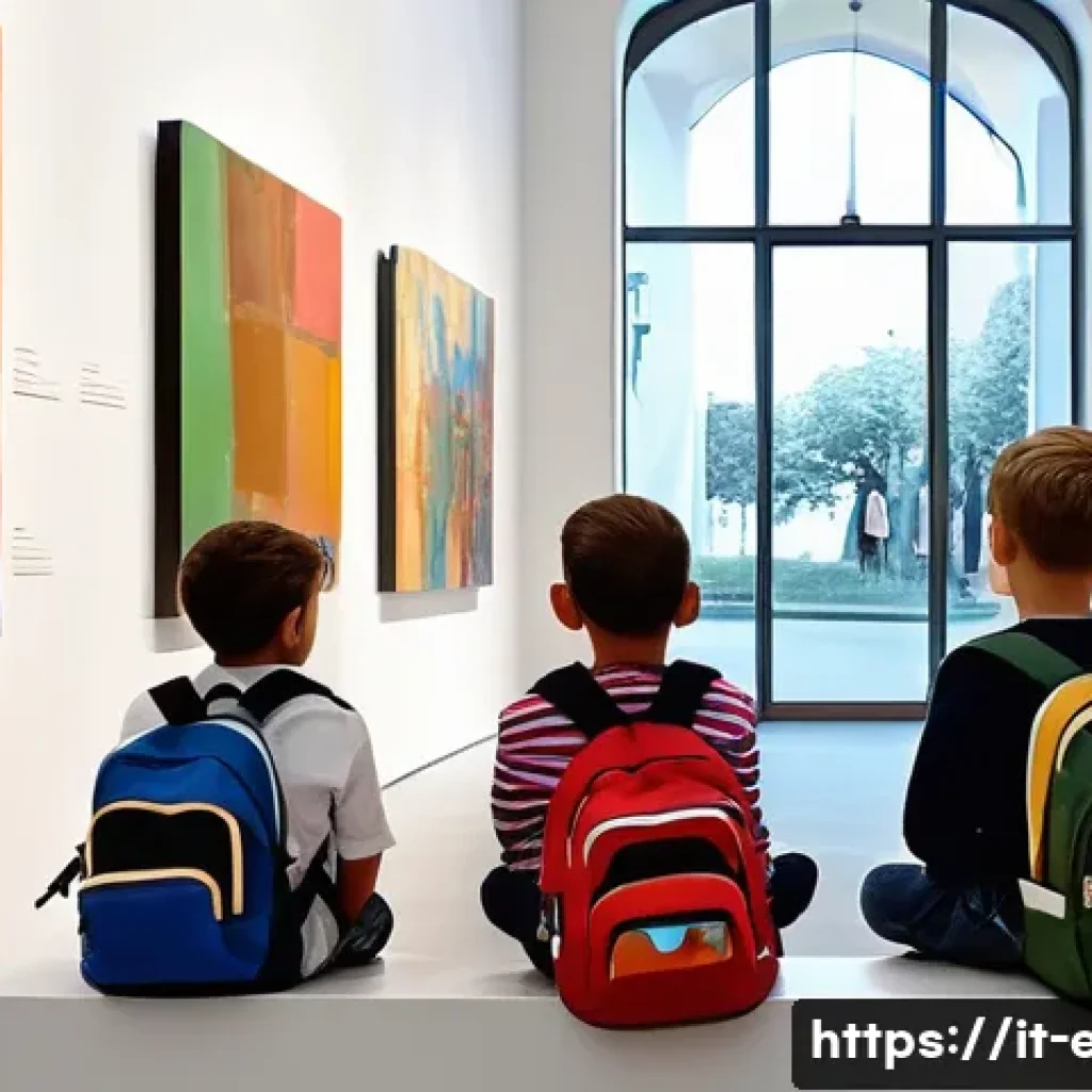 아이들의 예술 감상 - A group of diverse young children attentively observing colorful paintings in a bright, modern art g...