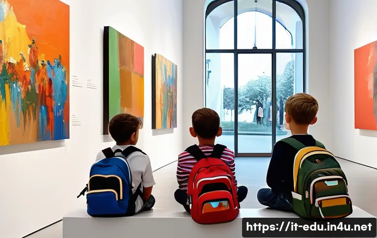 아이들의 예술 감상 - A group of diverse young children attentively observing colorful paintings in a bright, modern art g...