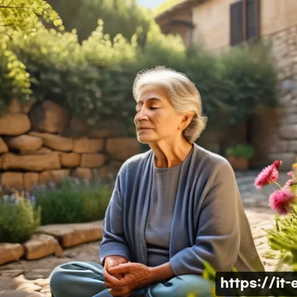 시니어 뇌 활성화 프로그램 - A vibrant scene of an elderly Italian woman practicing mindfulness meditation in a sunlit Tuscan gar...