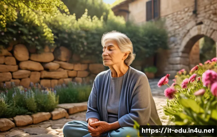 시니어 뇌 활성화 프로그램 - A vibrant scene of an elderly Italian woman practicing mindfulness meditation in a sunlit Tuscan gar...