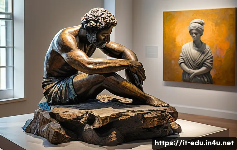 시니어 미술 전시회 - A distinguished senior artist in a bright, elegant gallery space, surrounded by large canvases showc...