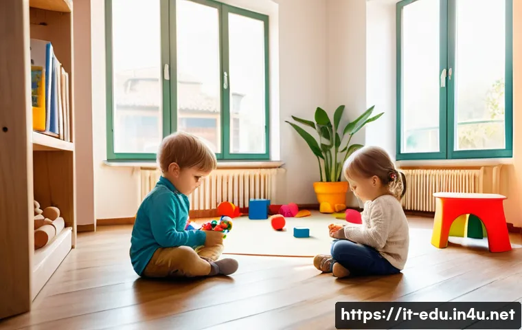 어린이 커리큘럼 - A bright and colorful early childhood classroom setting in Italy, filled with natural wooden educati...